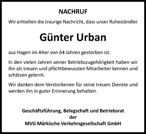 Traueranzeigen von Günter Urban Trauer in NRW de