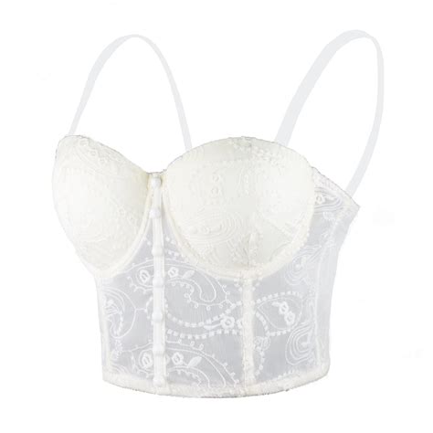 Women S Floral Lace Button Mesh Bustier Crop Top Sexy Corset Bra White Fancymake