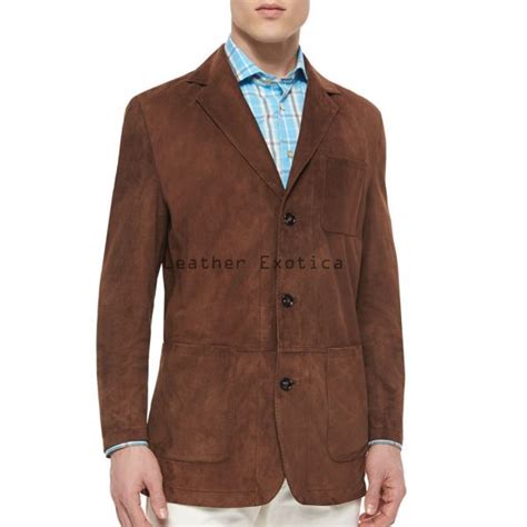 Three Button Men Suede Leather Blazer Leatherexotica