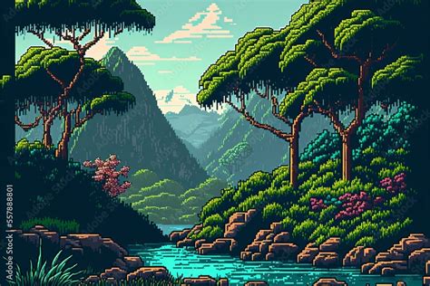 2d landscape with forest and lake in pixel style. Gerative AI Stock Illustration | Adobe Stock