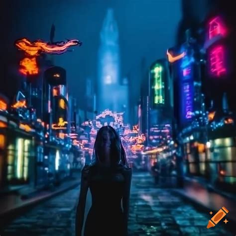 Neon Lit Cityscape With Celestial Goddess And Mesmerizing Sculptures In