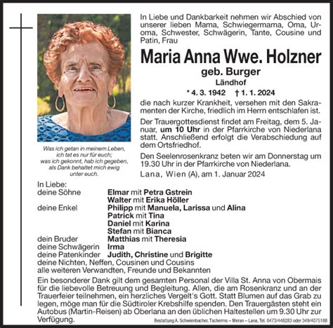 Traueranzeigen Von Maria Anna Holzner Trauer Bz