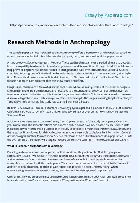 Research Methods In Anthropology Free Essay Example