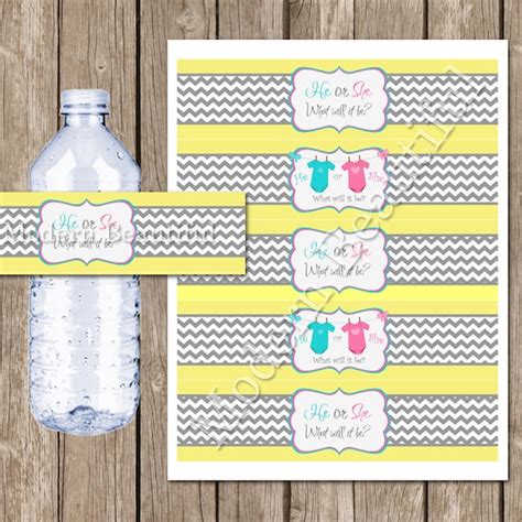 Gender Reveal Water Bottle Labels Pink Blue Yellow