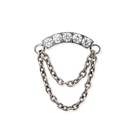 Threadless Inline Cz Curved Bar W Double Chain End Element Body Jewelry