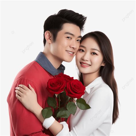 Chinese Romantic Moment Young Man Giving A Rose To His Girlfriend