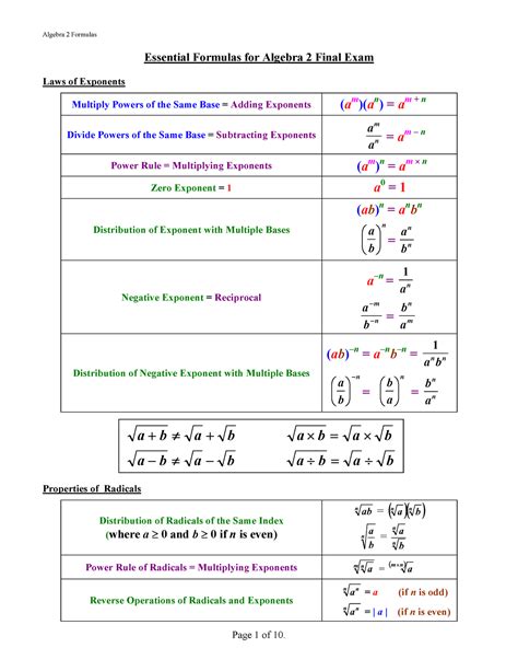 Essential Formulas For Algebra 2 Final Exam Studocu