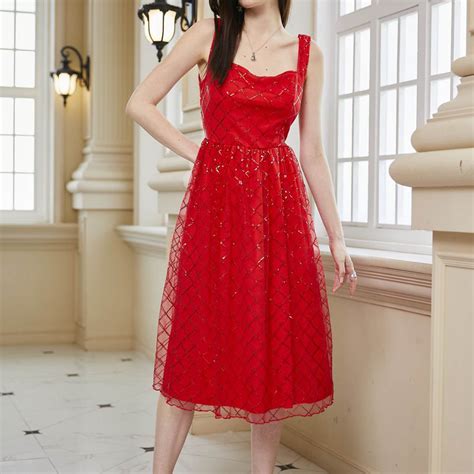 Munlar Square Neck Womens Cocktail Dress Red Sleeveless Dress A Line Sequins Midi Dress