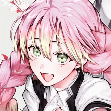 an anime character with pink hair and green eyes