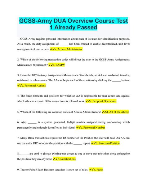 GCSS Army DUA Overview Course Test 1 Already Passed In 2022 Self