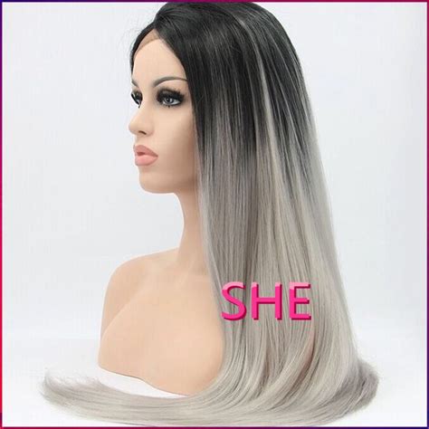 Fashion Grey Synthetic Lace Front Wig Glueless Ombre Natural Black ...