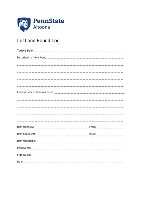 Lost and Found Log Template - Pennstate Altoona - Fill Out, Sign Online and Download PDF ...