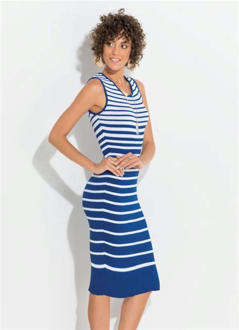 Vestidos Quintess Justo Midi Branco E Azul Quintess