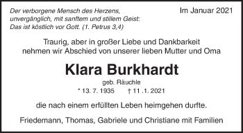 Traueranzeigen Von Klara Burkhardt ZVW Trauer