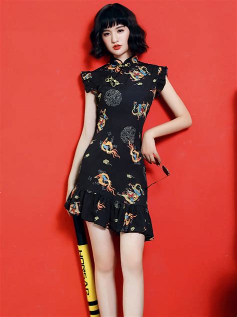 Black Fishtail Cheongsam Mini Dress Summer Weqipao