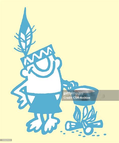 Native American Cooking With Pot Over Campfire High Res Vector Graphic