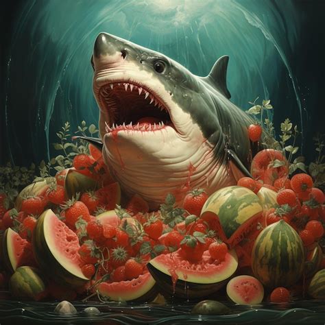 Premium Ai Image Painting Of A Shark With A Mouth Full Of Watermelons