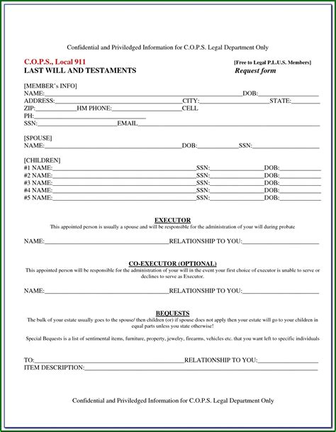 Free Printable Last Will And Testament Forms Canada Form Resume