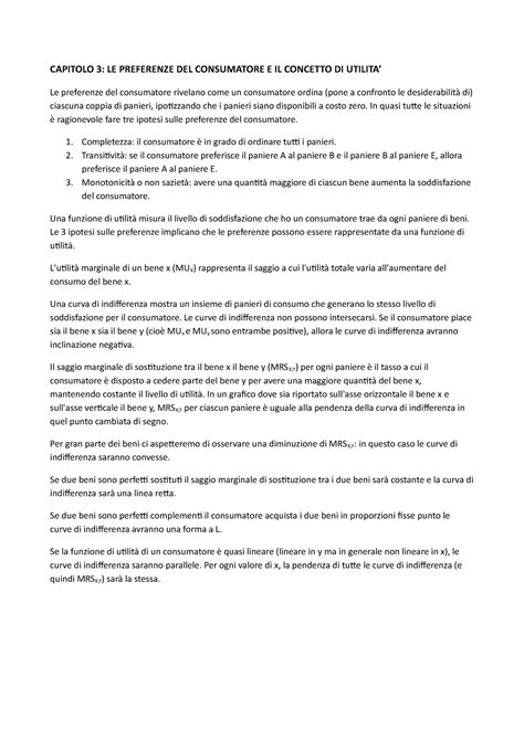 Capitolo 3 Microeconomia CAPITOLO 3 LE PREFERENZE DEL CONSUMATORE