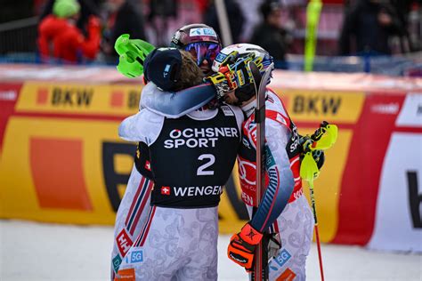 Ski Alpin Drei Norweger Im Wengen Slalom Vorne Schwarz Siebenter