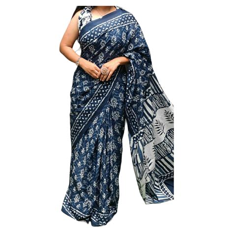 Shop Navy Blue Colour With White Flower Print Bagru Print Saree GI