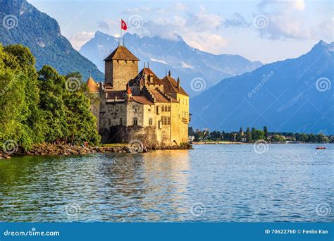 Chillon Castle at Geneva Lake, Switzerland Editorial Image - Image of flag, medieval: 70622760