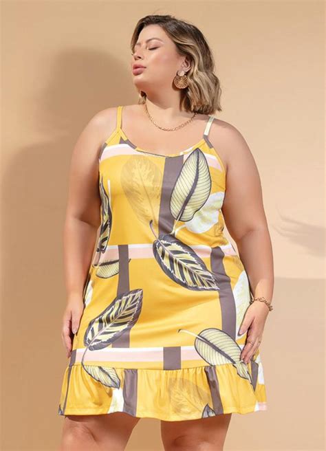 Vestido Folhas Amarelo Babado Plus Size Marguerite