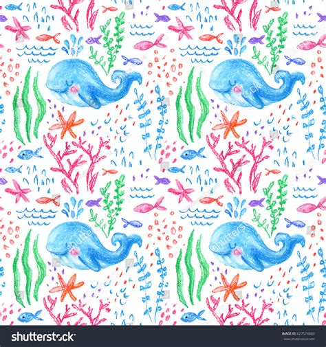 Crayon Childlike Marin Seamless Pattern Underwater Stock Illustration