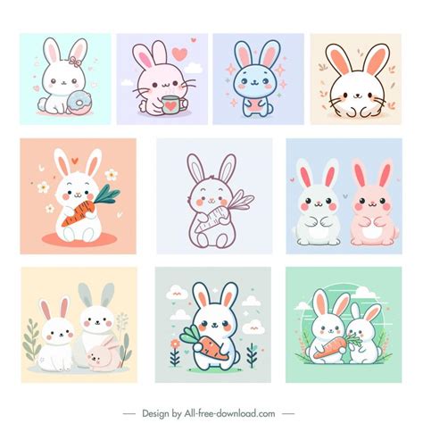 Bunny design elements collection cute flat handdraw Vectors images ...