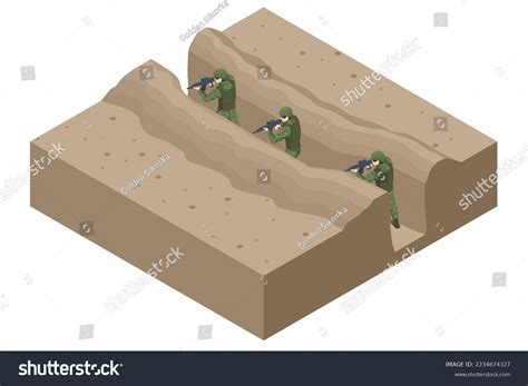 Isometric Soldiers Trench Trenches Securing Positions Stock Vector