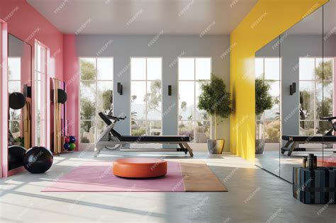 Premium AI Image | Home gym with Bauhausinspired exercise equipment mirrored walls and a vibrant ...