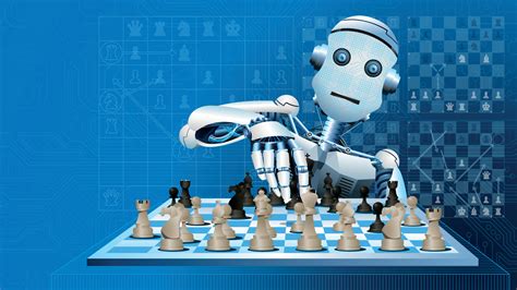 White human-shaped robot playing a game of chess, moving a black piece ...