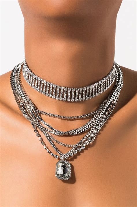 Akira Label Layered Chain Link And Rhinestone Gemstone Choker Necklace In Silver Gemstone