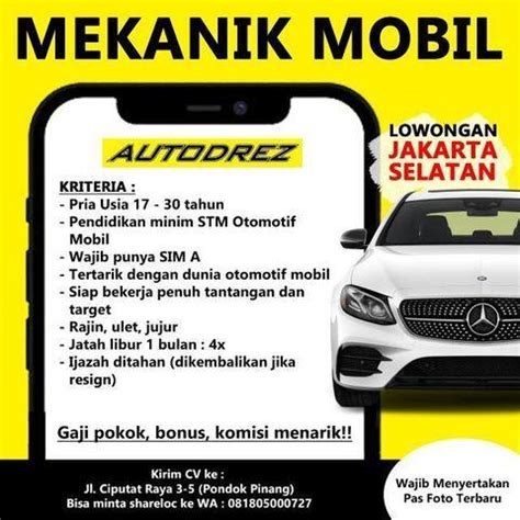 Lowongan Kerja Mekanik Mobil Di Autodrez JakartaKerja