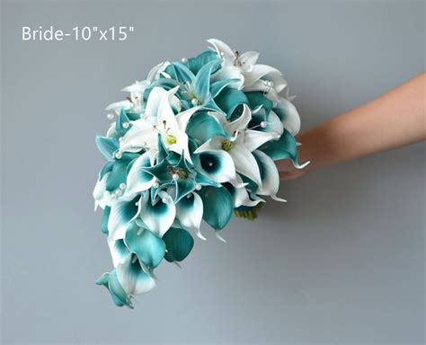 Faux Teal Cascading Bridal Bouquet Teal Tiger Lily Rose Bouquet Real