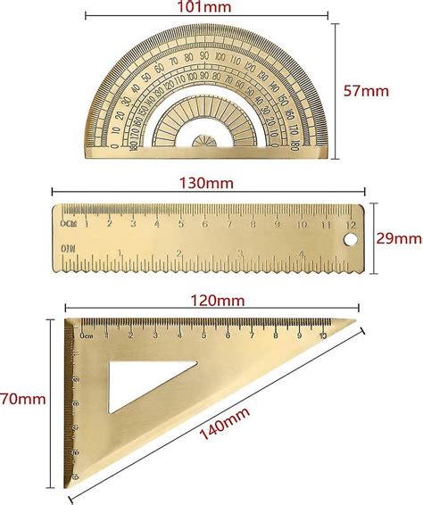 Brass Math Geometry Set Golden 12cm Ruler Protractor Triangle Ruler