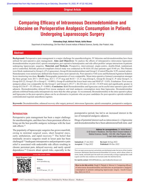 PDF Comparing Efficacy Of Intravenous Dexmedetomidine And Lidocaine