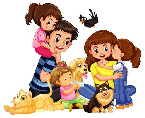 Familia Feliz Con Sus Mascotas Sobre Fondo Blanco Vector Premium