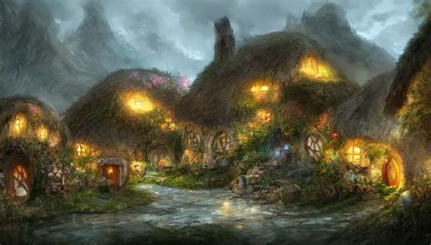 Concept Art Of A Beautiful Hobbit Village Digital Stable Diffusion