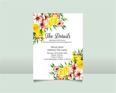 Wedding Invitation Card Template Set With Beautiful Floral Leaves