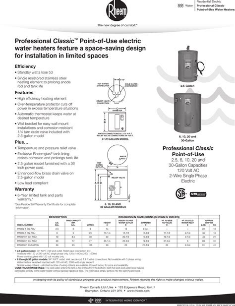 Rheem Professional Classic Series Point Of Use Specification Sheet