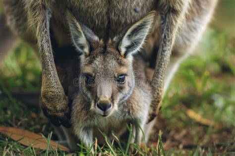 A Mother Kangaroo With Her Joey Visible In Her Pouch Close Up Shot Showing Details Of The Pair