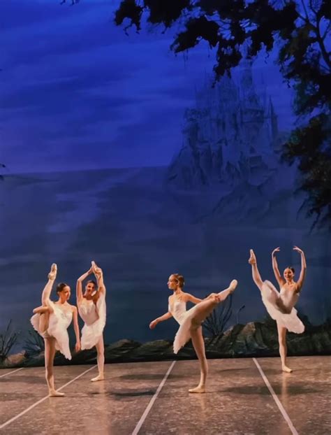 Five Ballet Dancers In White Tutus And Leorboam Dresses Are Performing