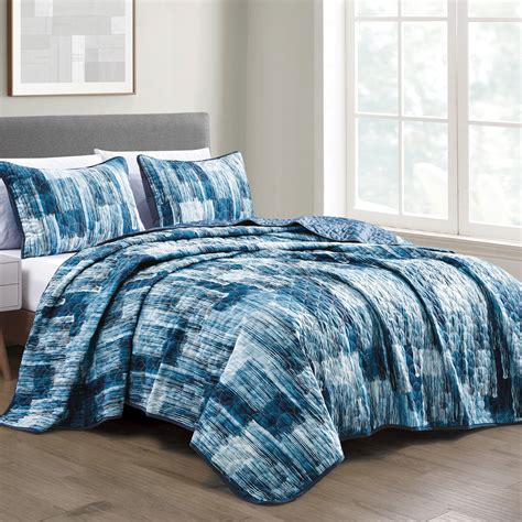 Esca 3 Piece Blue Abstract Tori Reversible Quilt Set Queen