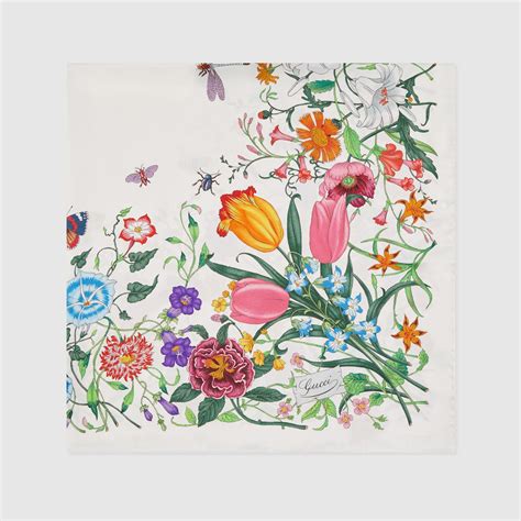 Flora Print Silk Carré In White And Multicolor Gucci® Us