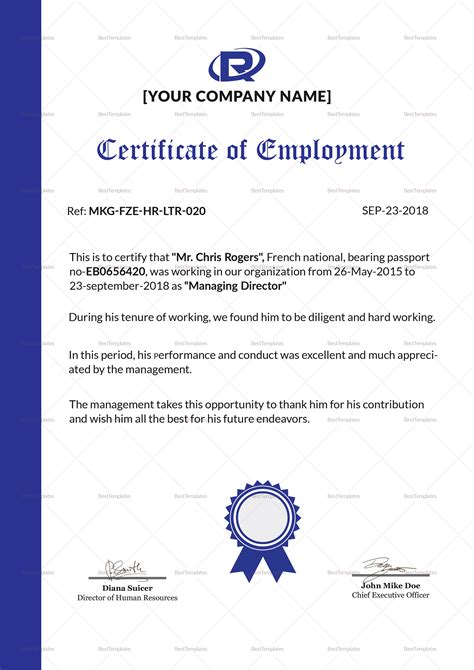 Excellent Employment Certificate Design Template in PSD, Word