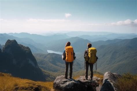 Premium AI Image Unrecognizable Two Hikers With Backpacks In Front Of