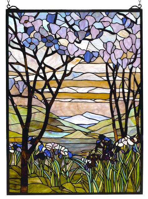 Magnolia And Iris Stained Glass Window By Meyda Lighting 22x30 Inches Shakespeare S Attic