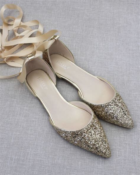 Gold Rock Glitter Pointy Toe Flats With Satin Ankle Tie Or Ballerina