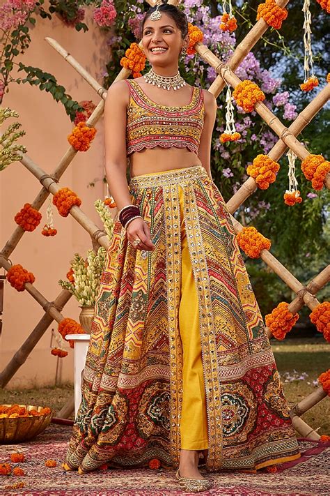 Multi Colored Raw Silk Sequins Embroidered And Printed Wedding Lehenga Set By Kalista At Pernia S